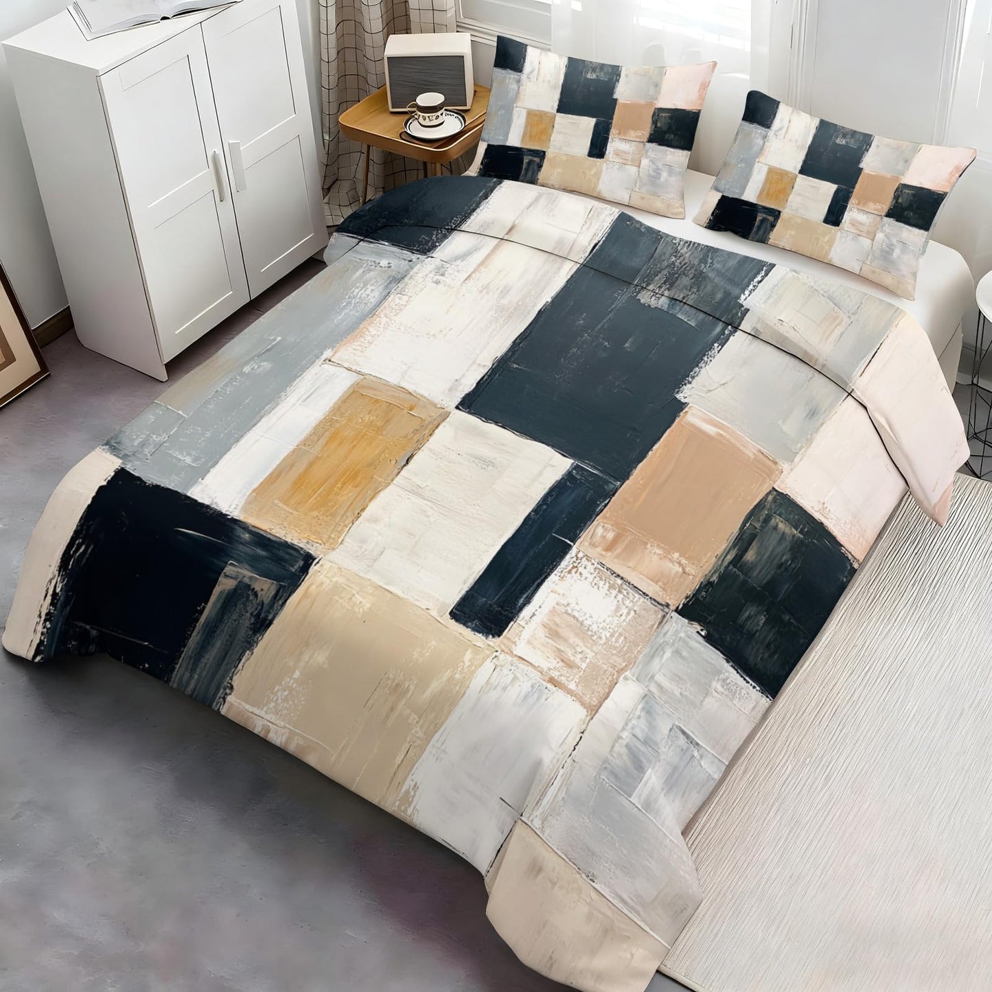 GKPLY Geometric Squares Comforters Queen Size, Modern Abstract Bedding Sets, Minimalist Block Duvet Cover, Zipper Closure, 2 Pillowcases, Reversible Print - Boho Neutral Bedding