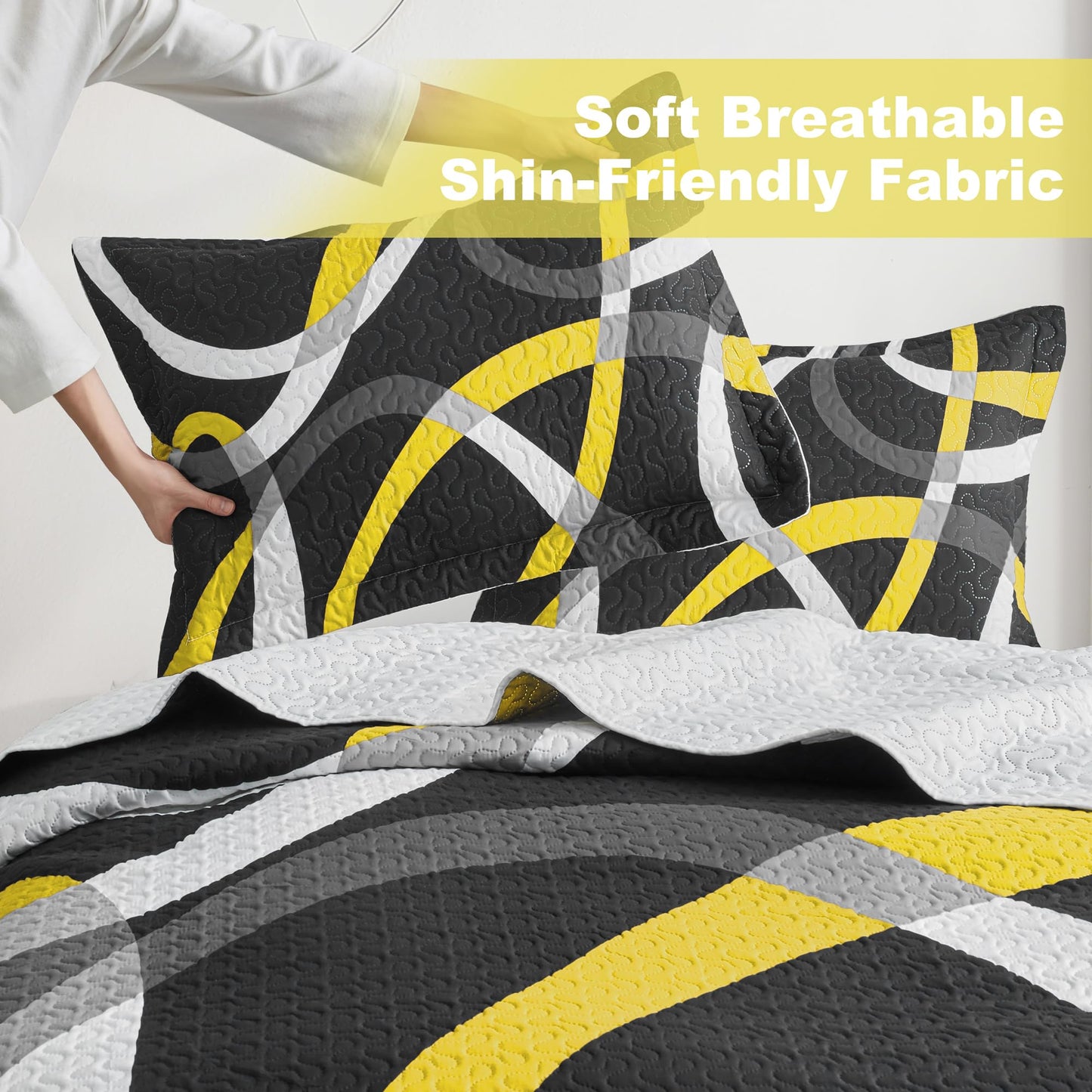 weesire Black and Yellow Bedding Quilt King Size with 2 Shams, Modern Stripe Comforter Sets Classic Line Pattern Bedspreads Grey and Yellow Coverlet, 96''x106''
