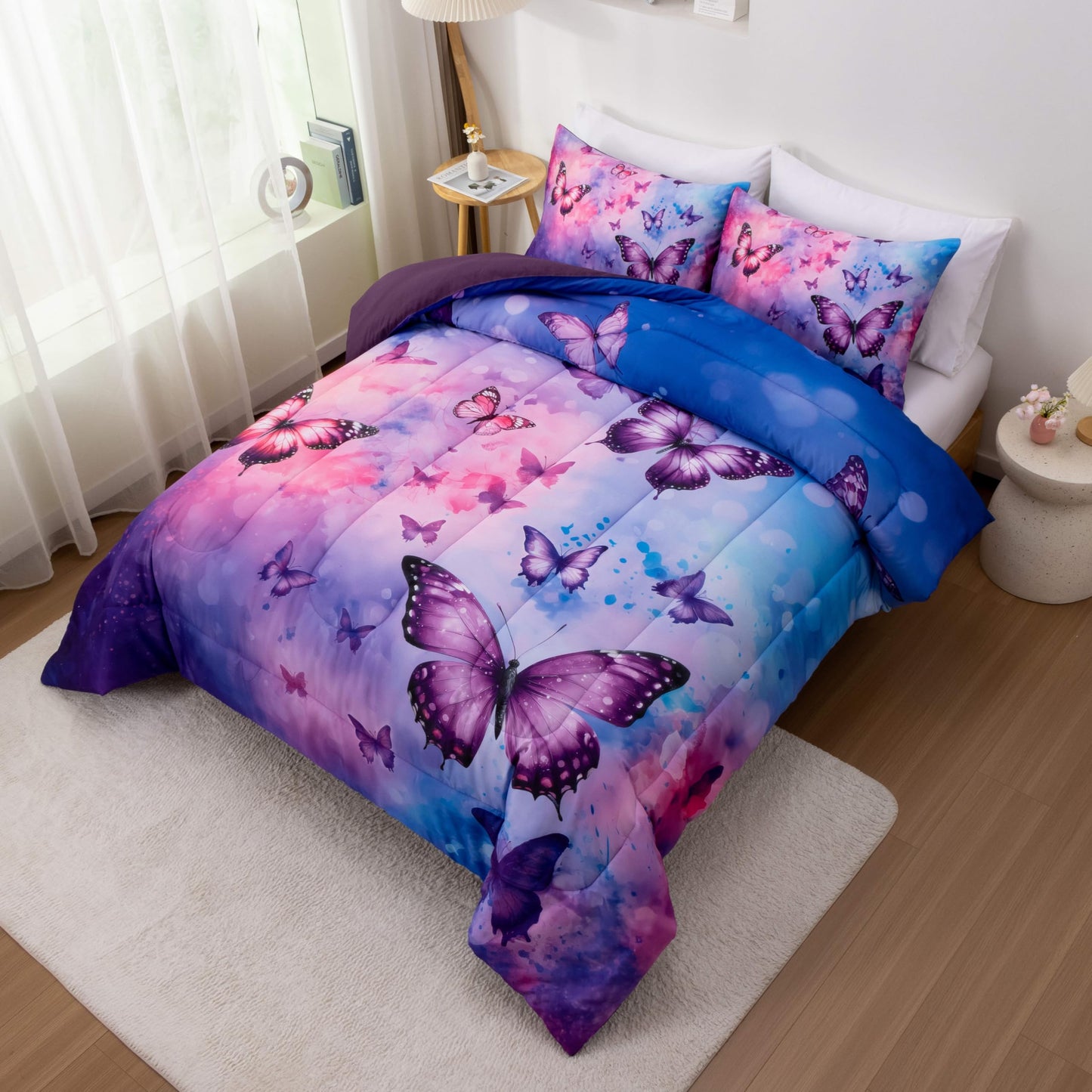 Btargot 3 Piece Butterfly Pattern Girls Comforter Set, Colorful Ink Stick Printing Bedding Set for Women, Pink Purple Full