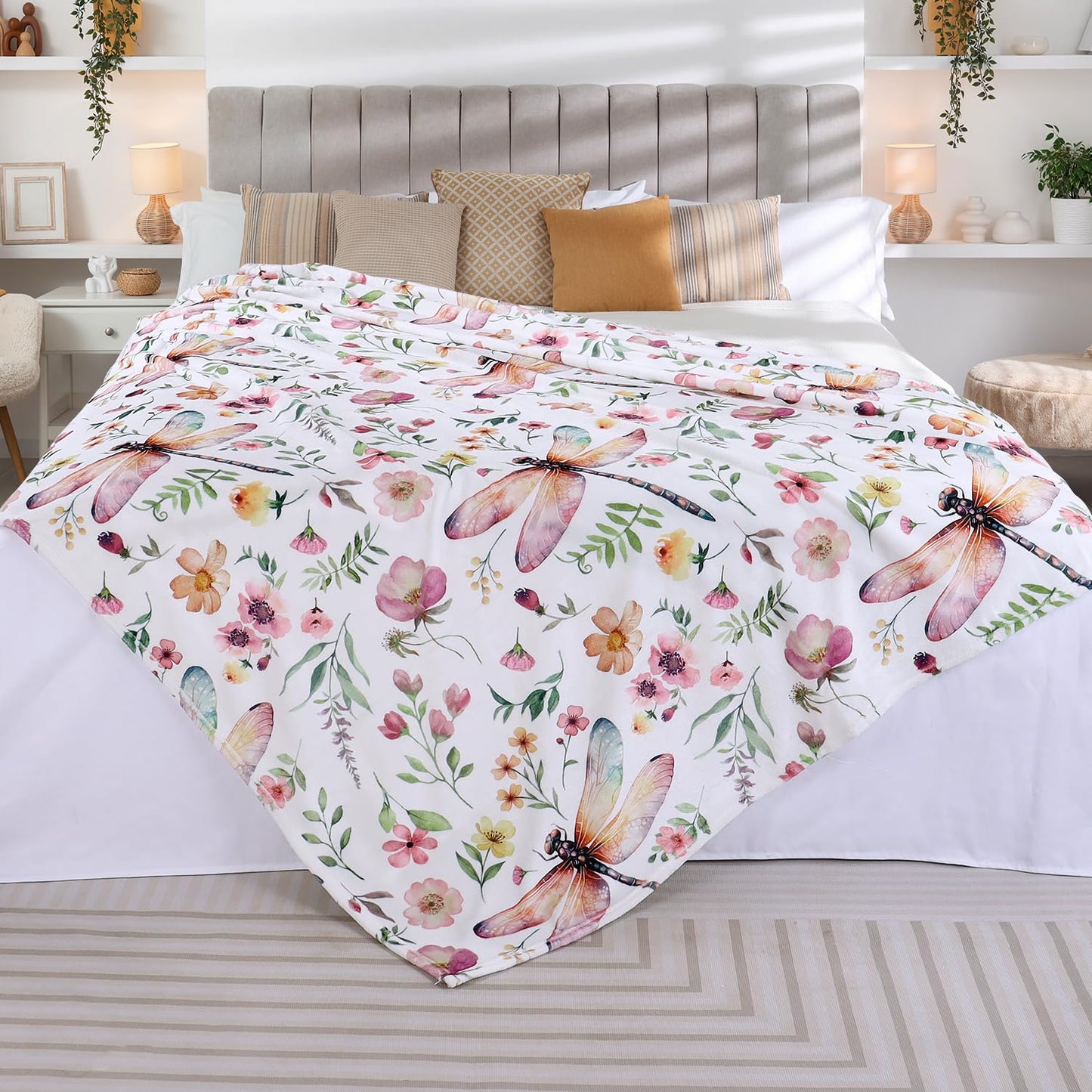 Floral Throw Blanket Flower Plant Bed Blankets Dragonfly Print Blanket Warm Cozy Blankets Super Soft Plush Flannel Fleece Blankets for Couch Bed Sofa 50"x60"