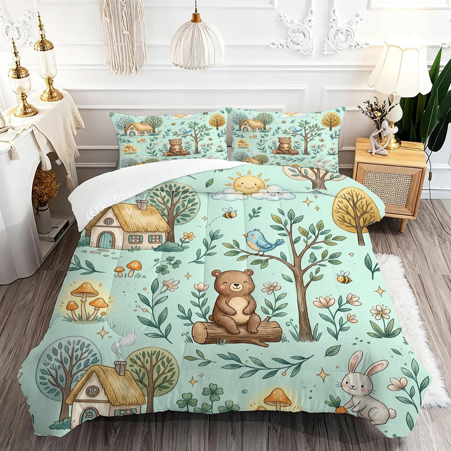 DJNEAR Cute Woodland Animal Comforter Set Twin Size, Bear and Rabbit Print for Kids Boys Girls Teens, Soft Microfiber Room Decor 1 Comforter 1 Pillowcase