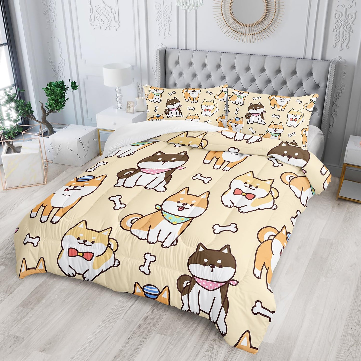 XYNHML Kawaii Cartoon Corgi Dog Animal Themed 3Pcs Comforter Full Yellow Black Dogs Pattern Bedding for Kids Teens Girls Boys Cute White Bone Quilt Bed Decor Set with 1 Comforter and 2 Pillowcases