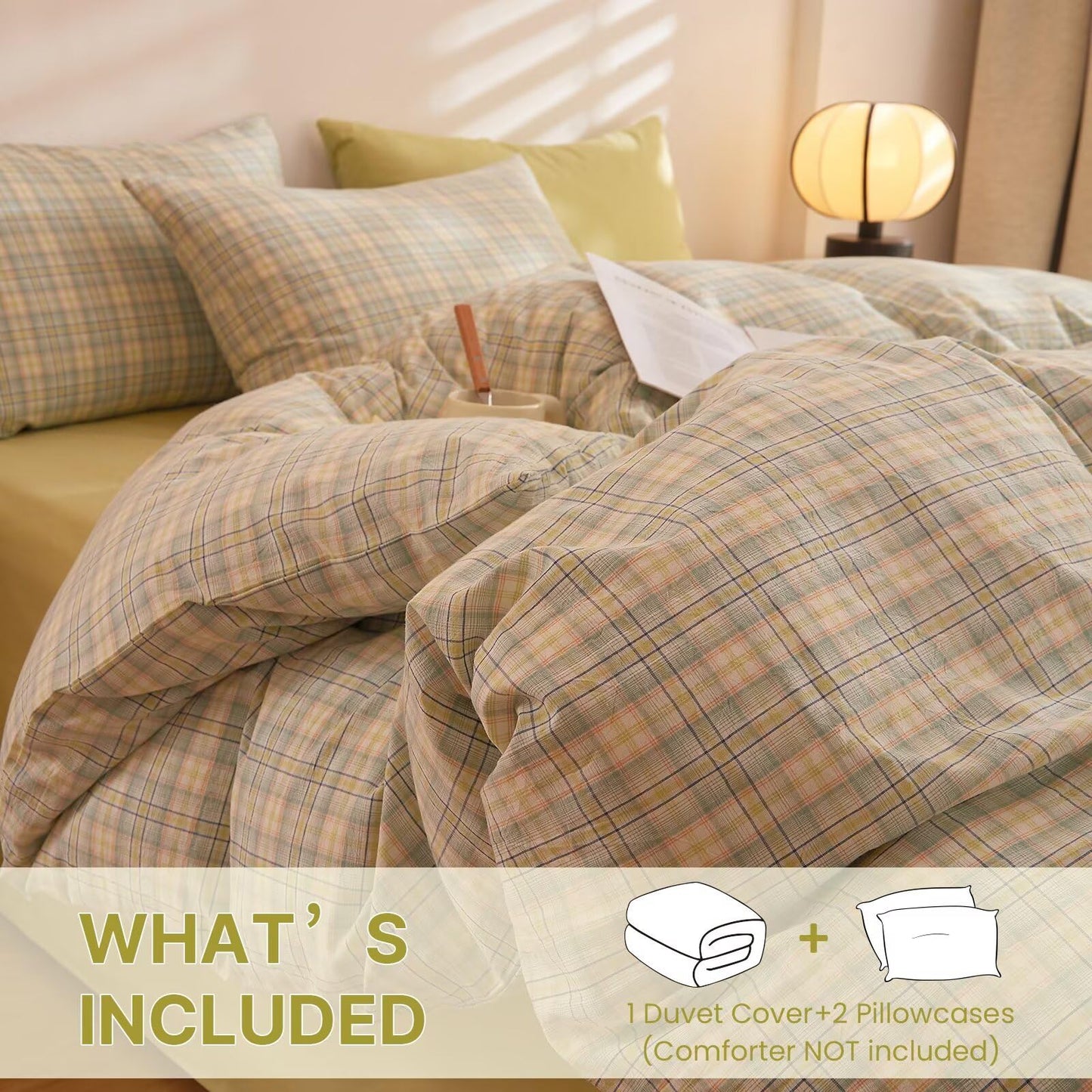 AMZTOP Queen Size Duvet Cover Set 100 Cotton,1 Duvet Cover and 2 Pillowcases,Green Plaid Comforter Covers Bed Set for All Season,Chic Simple Soft Breathable Queen Bedding 90"×90"