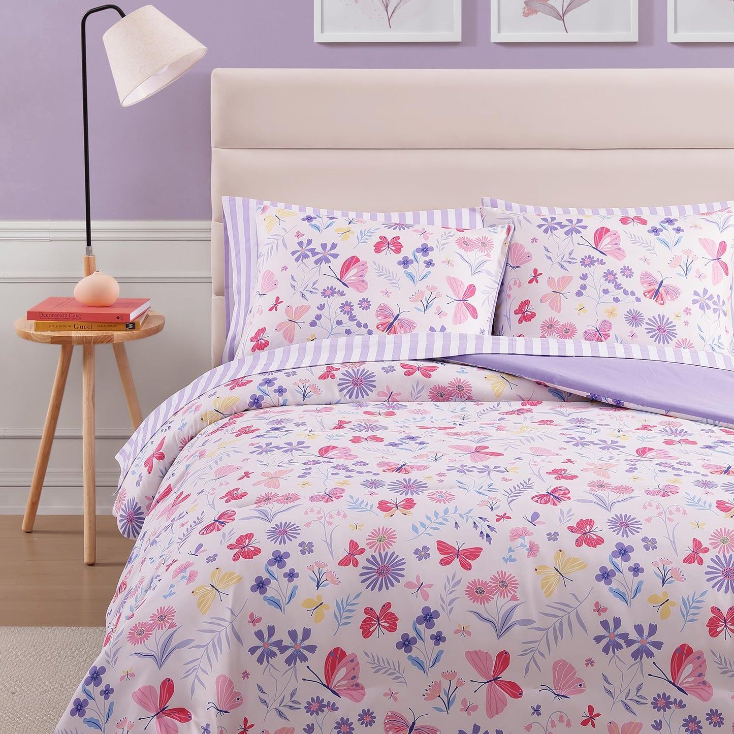 Wink Deer Twin Comforter Set with Sheets for Girls-5 Pieces Twin Bedding Sets with Pink Comforter, Sheets, Pillowcase & Sham for Kids (Cute Botanical Flowers, 66" X 86")