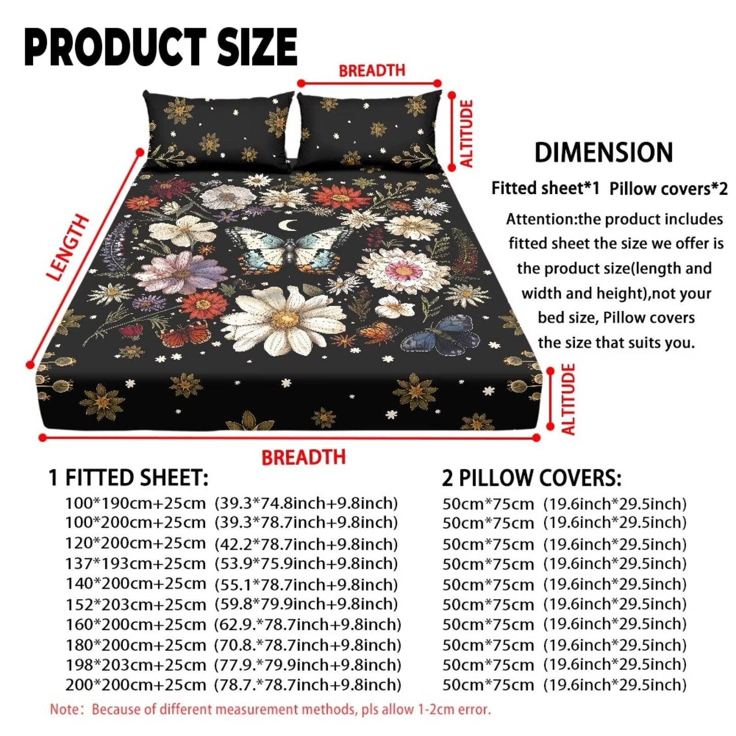 ZDCUSTOM Twin XL Size Floral Butterfly Sheets 3pcs Bedding Set for Girls Comfy & Wrinkle Free Fitted Sheet with 2 Pillowcases Black Bedsheet Easy Install Bedsheets, 39" x 79"
