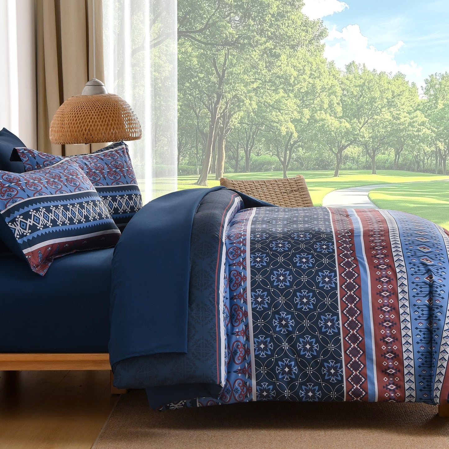 Boho Comforter Set Queen Size,7 Pieces Bohemian Comforter Bedding Set Bed in a Bag,Navy Blue Paisley Floral Comfortet and Sheet Set,Soft Striped Bedding Sets for All Season