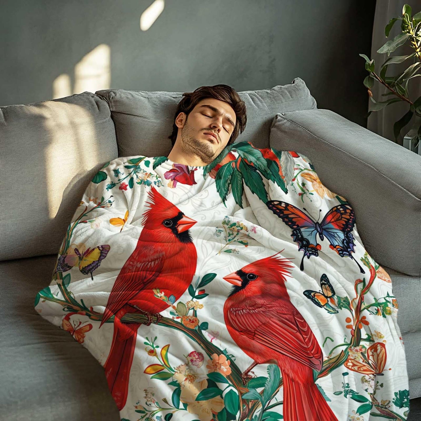 ZwenPdoe Cardinal Throw Blanket 40x50 Inches | Red Bird Floral Butterfly Fleece Blanket for Couch Sofa Bed | Botanical Farmhouse Decorative Throw Cozy Gift for Women Mom