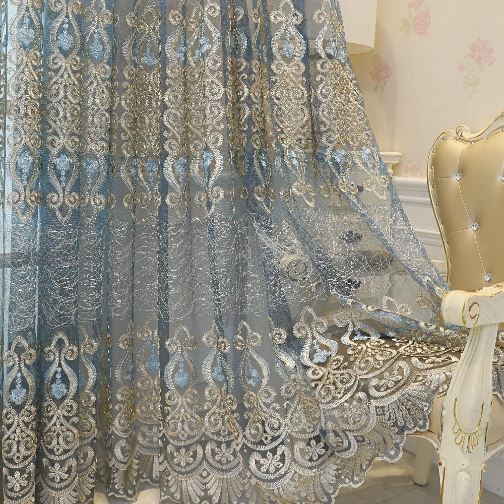 Amidoudou 1 Pair European Jacquard Sheer Curtains Embroidered Tulle Curtains Living Room Bedroom Luxury Translucent Curtains (Blue Grey,51x96 Inch)