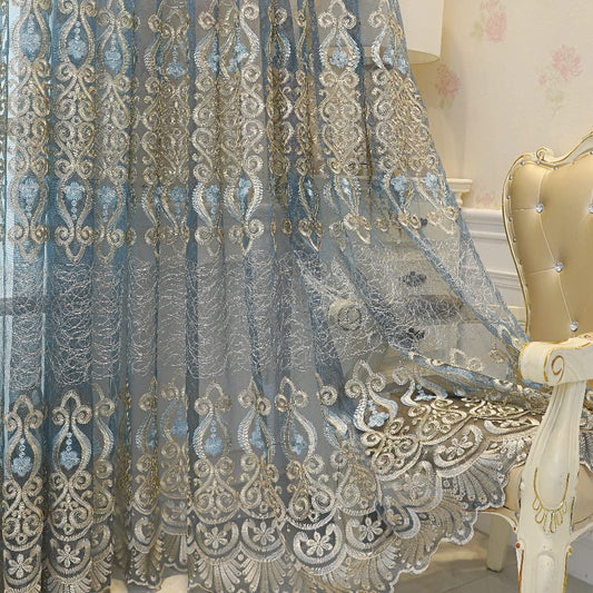 Amidoudou 1 Pair European Jacquard Sheer Curtains Embroidered Tulle Curtains Living Room Bedroom Luxury Translucent Curtains (Blue Grey,51x96 Inch)
