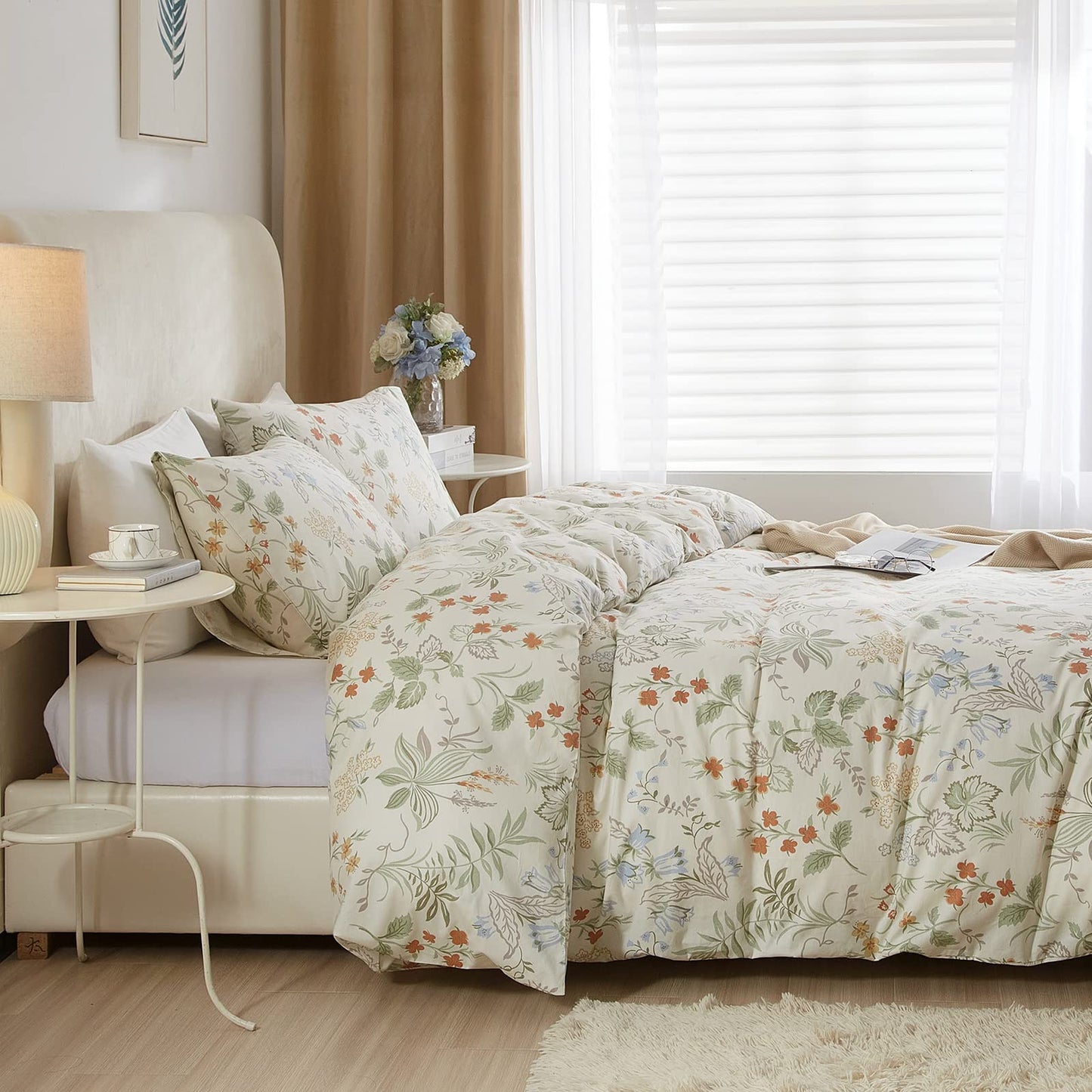 mixinni Floral Duvet Covers Queen Size Botanical Flower Leaf Printed on White Bedding Duvet Cover Set with Zipper Closure Ties for Him and Her 1 Duvet Cover with 2 Pillowcases-(3pcs, Queen Size)