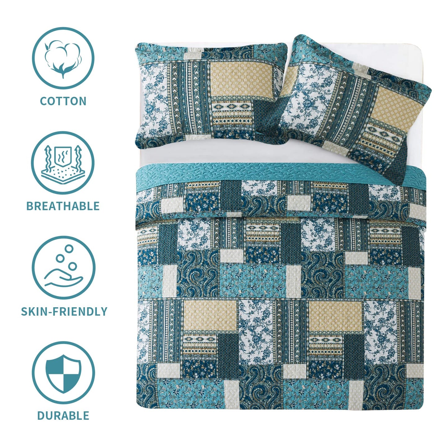 BEDIFANY Cotton Queen Size Quilt Sets, Lightweight Bedspread Queen Size Coverlet Boho Queen Quilt, Soft Farmhouse Queen Quilt Bedding Sets for Bed Decorations for All Seasons (3 Pieces, Blue)
