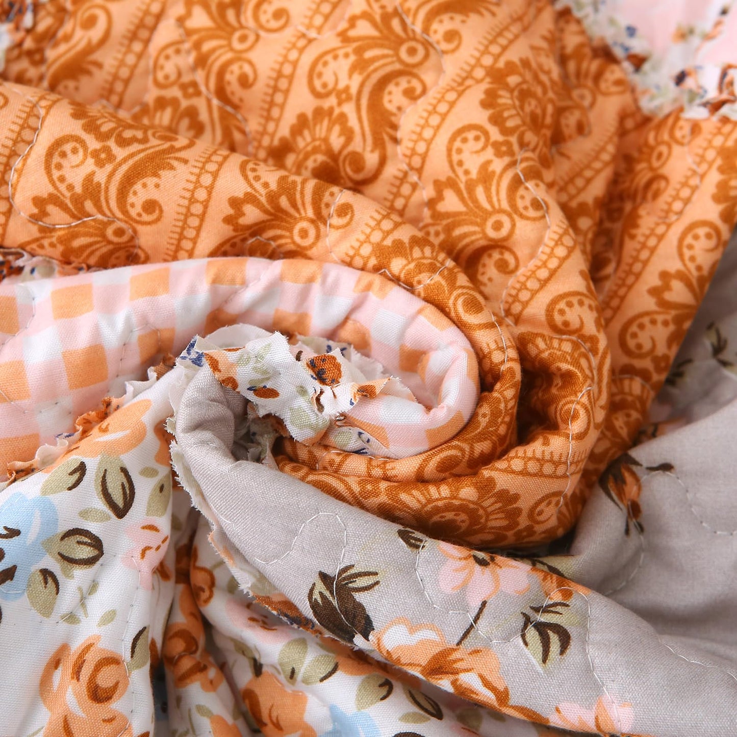 Yumhjika Patchwork Quilt Set Queen Size, 3 Pieces Floral Plaid Bedspreads Coverlet, Soft Microfiber Lightweight Bedding Set for All Season,Orange