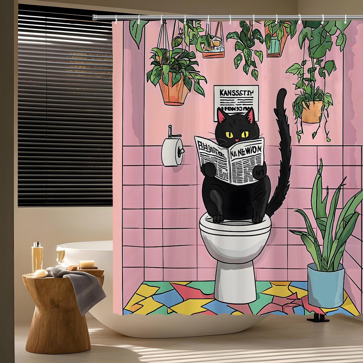 Funny Black Cat Shower Curtain, Tropical Plant Pink Green, 70"W x 70"L