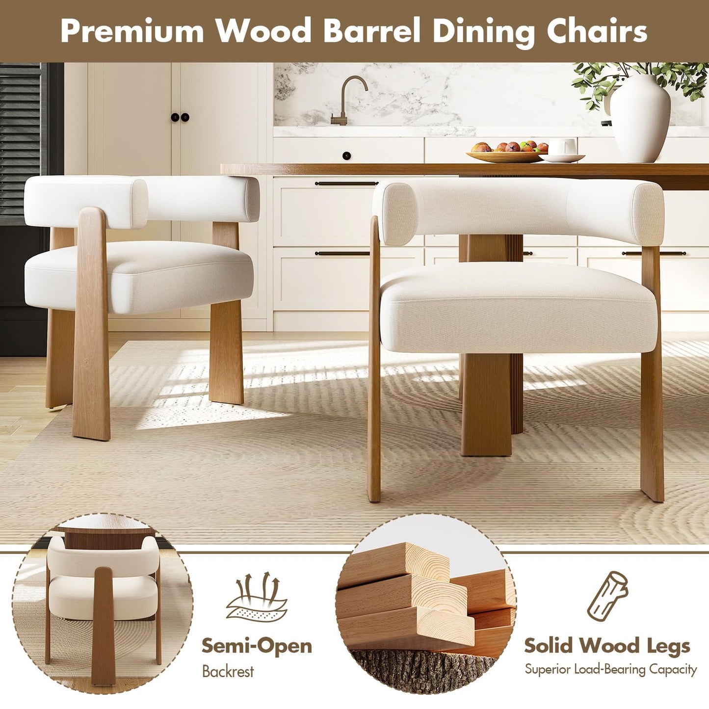 Hyfirm Set of 2 Modern Boho Barrel Dining Chairs with Wood Legs, White Upholstered Accent Armchairs with Thick Padded Cushion for Kitchen, Minimalist Natural Chic Chairs for Living Room