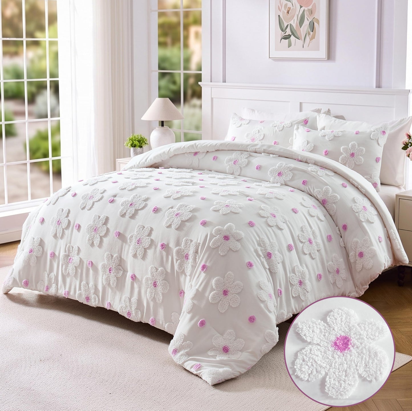 CotComf Twin Comforter Set for Girls 2 Pieces Tufted Daisies Flowers Soft Pink Floral Twin Size Bedding Set Bed in A Bag Cute Comforter Set for Kids, Lightweight Bed Set for Kids Teen Girls Women