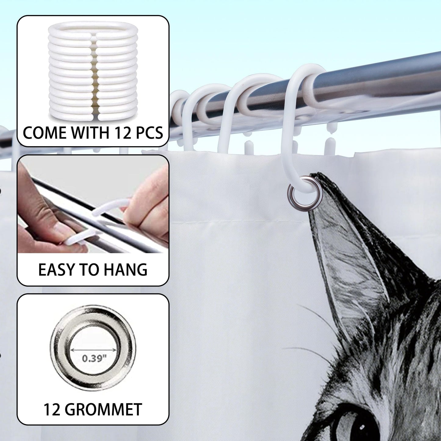 Opeoddie Cute Cat Shower Curtain Fun Animal Boys Kids Shower Curtains Sets for Bathroom Cats Fish Whimsical Ridiculous Black and White Bath Curtain Kitten Teen Funny Bathroom Decor 60x72 Inch