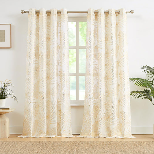 Ronaldecor Gold Foil Leaf Linen Curtains 84 Inch Length for Living Room Bedroom Tropical Botanical Farmhouse Semi Sheer Drapes Light Filtering Grommet Top Window Panels W52Inch, 2 Panels