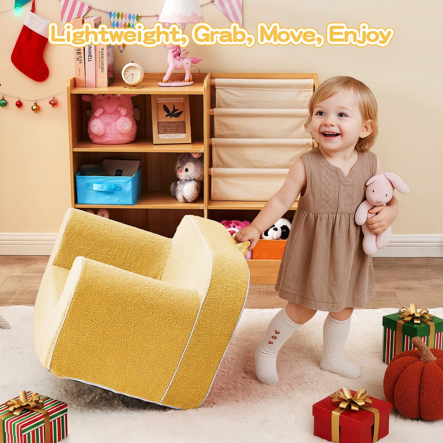 DAICO Ultra-Soft Foam Kids Sofa Chair, Cozy Toddler Bean Bag Chair with Armrests for Boys and Girls, Teddy Lazy Sofa Couch for Reading & Playing, Yellow, Small
