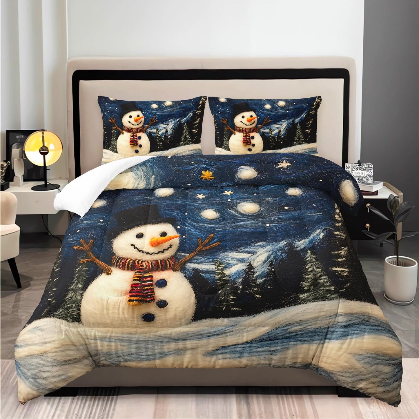 XYNHML Cartoon White Snowman Theme Comforter 3Pcs Twin Starry Sky Night Cedar Snowfield Bedding Set for Kid Teen Girl Boy Teen Adult Moon Star Snowflake Quilt Bed Decor with 1 Comforter+2 Pillowcases