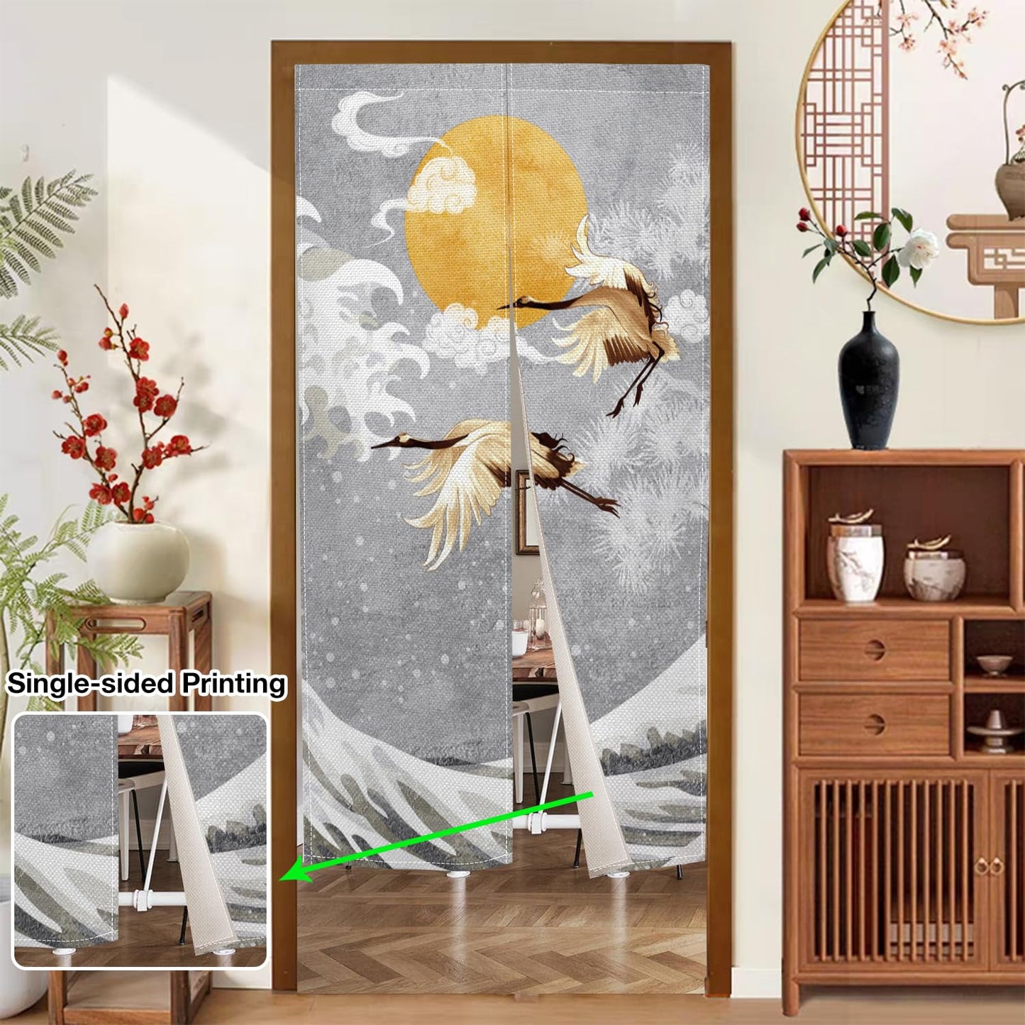 Leowefowa Noren Doorway Curtain Japanese Style Door Tapestry Cranes Waves Gold Full Moon Printed Window Treatment Panel for Room Divider Kitchen Door Curtains Home Decoration, 33.5"x 70.9"