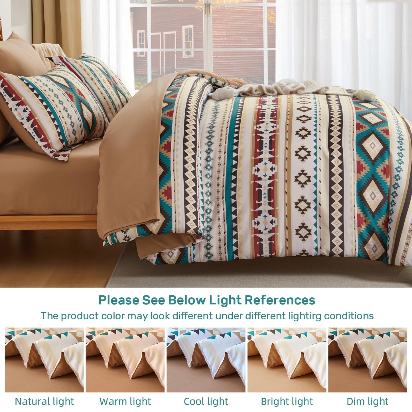 Dinjoy Queen Size Comforter Set Beige, 7 Pieces Boho Aztec Bed in a Bag Lightght Comforters Bedding Set with Sheets & Pillow Shams, Bohemian Geometric Striped Pattern All-Season