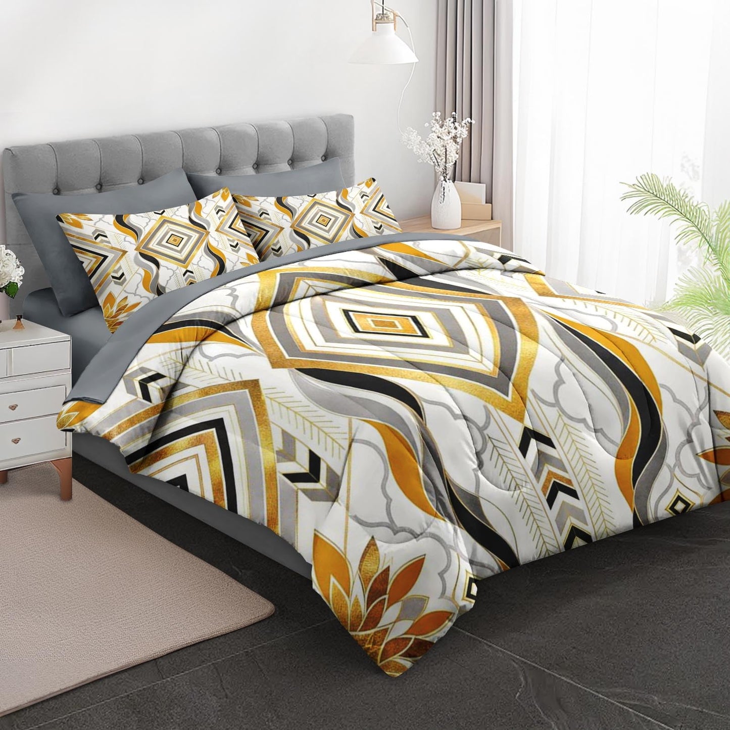 Boewywh Comforter Set Twin Size Geometric Gold Aztec 7 Pcs, Bedding for Kids and Adults, Abstract Modern Bed Sheet Sets with Fitted Sheet 2 Pillowcases & 2 Shams for Bedroom Bed Decor