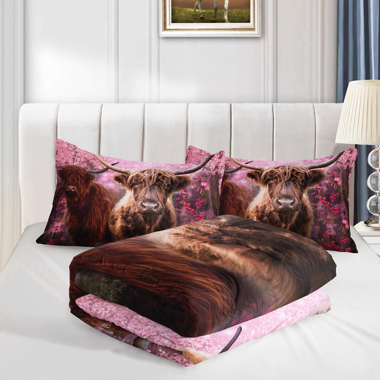 Cow Print Comforter Set 3Pcs Twin Size Cherry Blossom Cattle‌ Bedding Set