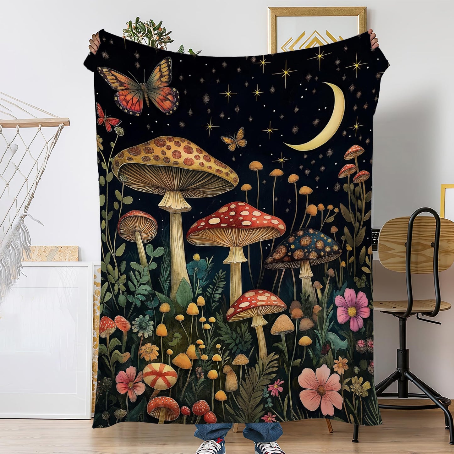 Forest Mushroom Sofa Throw Blankets,Wildflower Butterfly Soft Cozy Fuzzy Lightweight Travel Blanket,Flannel Fleece Fall Throw Blanket for Couch,Bed,Camping,Movie Nights,Watching TV 50 X 60 Inch