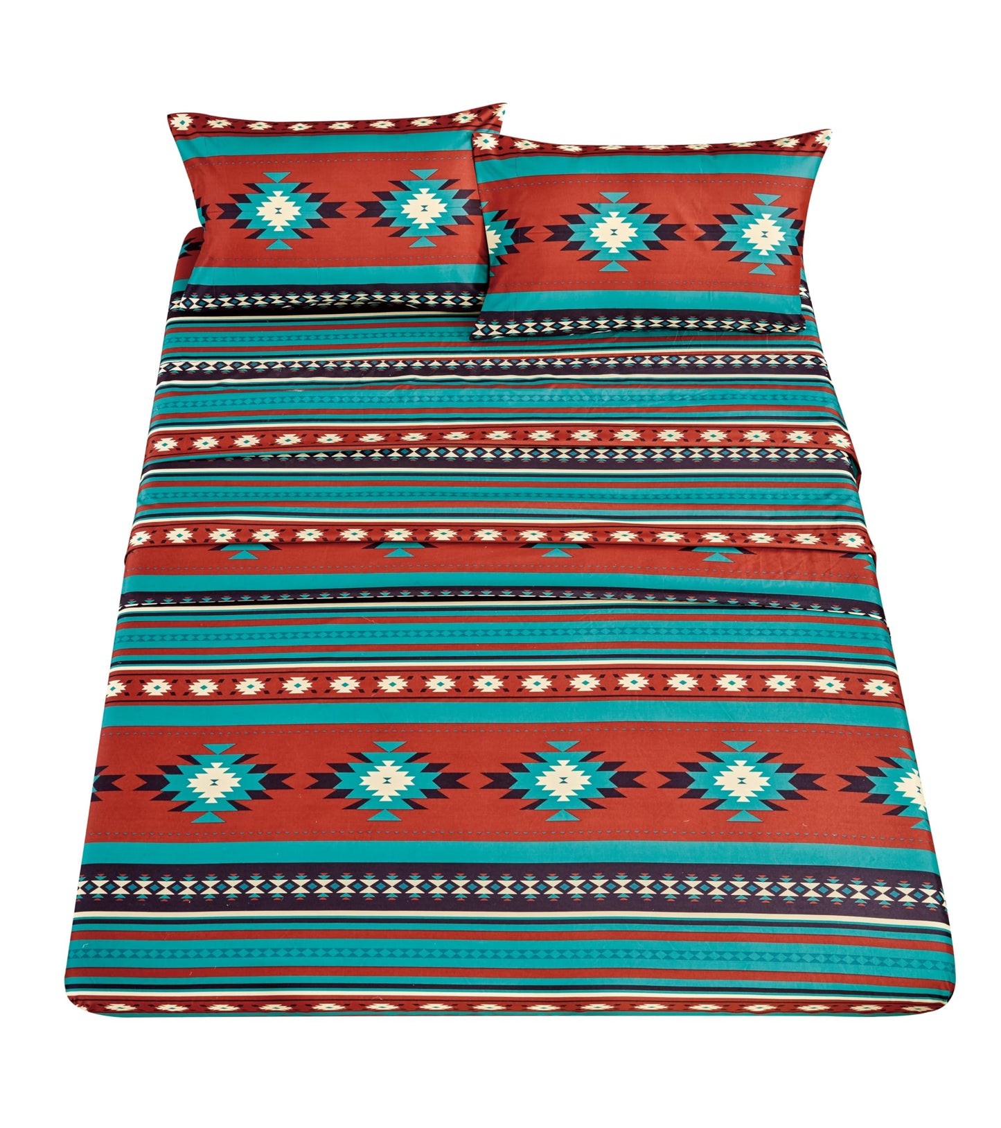 Chezmoi Collection Prescott 3-Piece Southwestern Microfiber Sheet Set, Printed Geometric Tribal Multicolor Red Teal Beige Bed Sheets, Twin XL Size