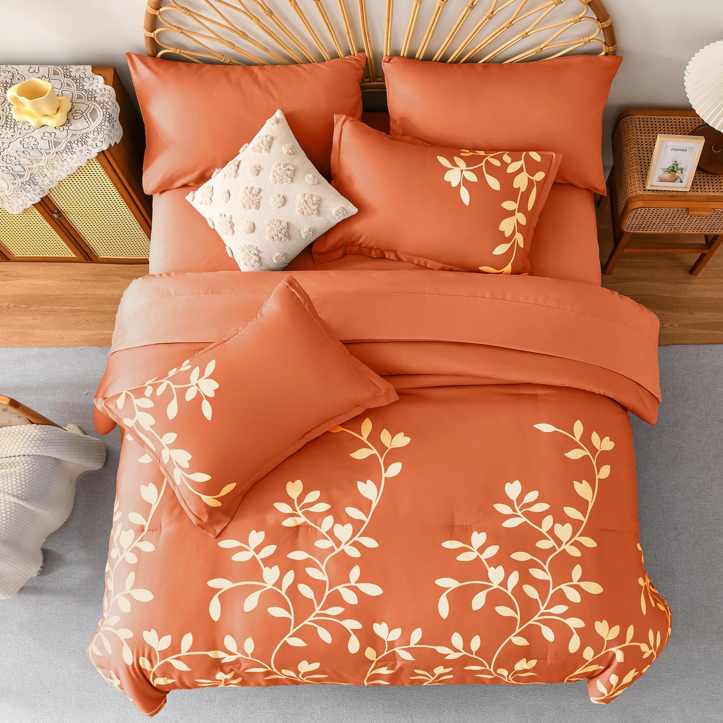 METAHOTS King Size Comforter Set - 7 Pieces Floral Botanical Printed on Orange King Comforter Set with Sheets, Fall Soft Lightweight Microfiber Bedding Set for All Season(104"X90")
