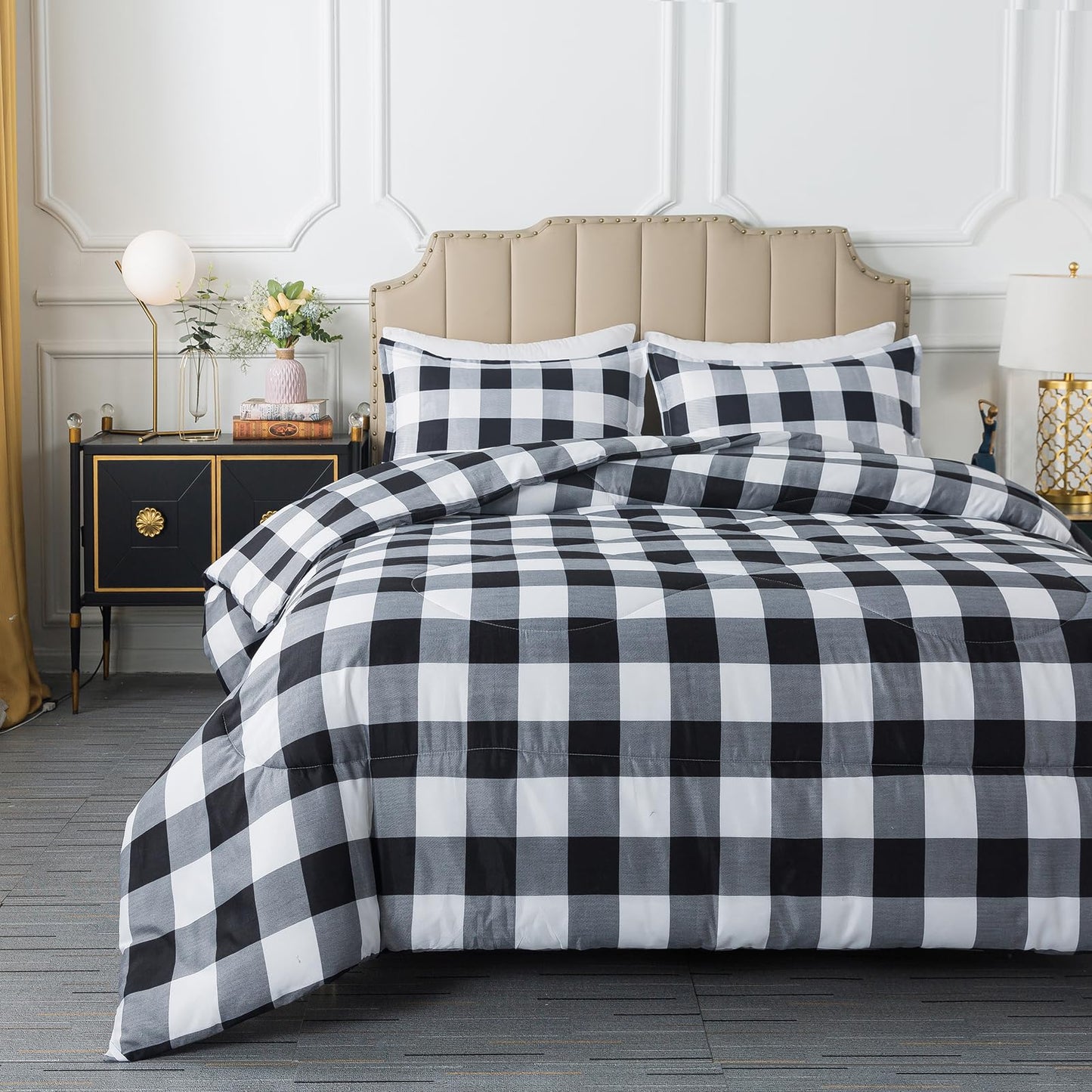 Caressma Buffalo Plaid Comforter Set Queen, Black White Buffalo Plaid Comforter Bedding Set for All Seasons, Classic Gingham Pattern Print Soft Microfiber 3 Pieces Comforter with Pillowcases