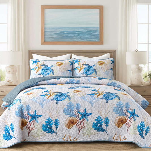 DJY Coastal Quilt Set King Size 3 Piece,Summer Beach Bedspread Coverlet Lightweight Green Ocean Turtle Theme Bedding Set,All Season Reversible Microfiber Thin Bed Set with Shams 110"×90"