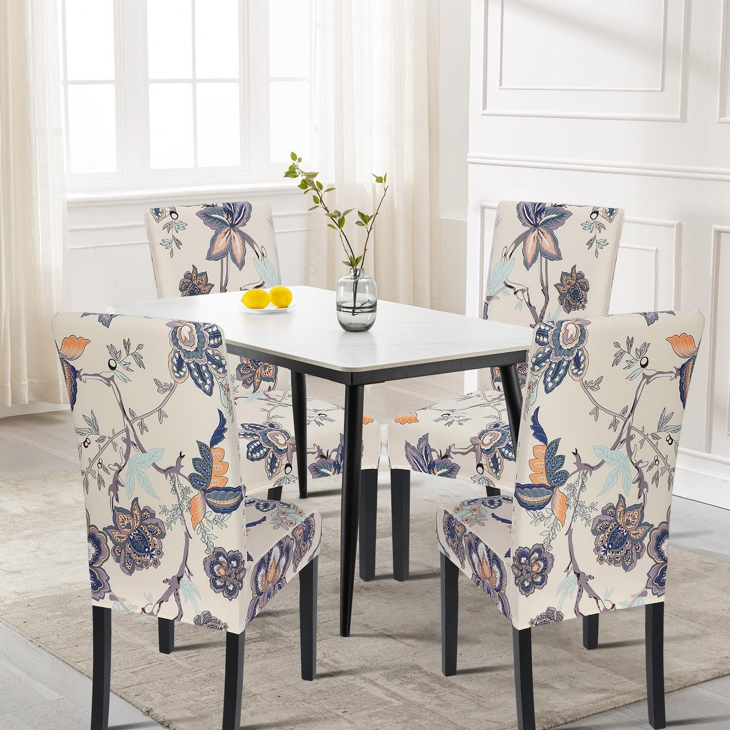SearchI Dining Room Chair Covers Set of 4, Stretch Printed Floral Parsons Chair Slipcovers Spandex Removable Washable Kitchen Chair Protector Cover for Dining Room, Hotel, Ceremony (Beige+Flower)