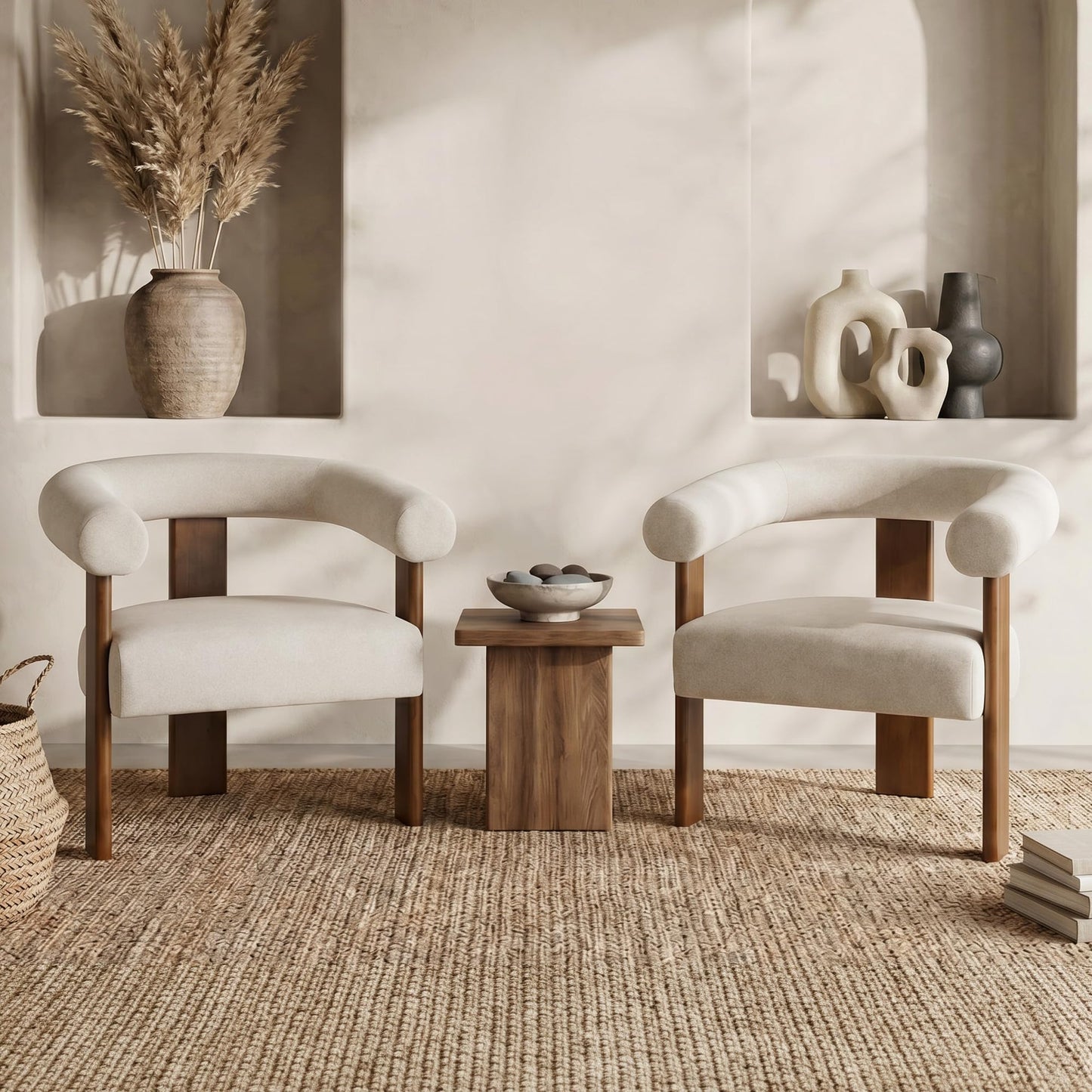 Usaint Upholstered Accent Chairs Set of 2, Mid-Century Modern Arm Chair Living Room Chairs with Walnut Wood Legs, Comfy Barrel Accent Chairs for Living Room, Bedroom, Vanity, Reading Room, Khaki