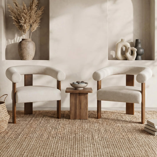 Usaint Upholstered Accent Chairs Set of 2, Mid-Century Modern Arm Chair Living Room Chairs with Walnut Wood Legs, Comfy Barrel Accent Chairs for Living Room, Bedroom, Vanity, Reading Room, Khaki