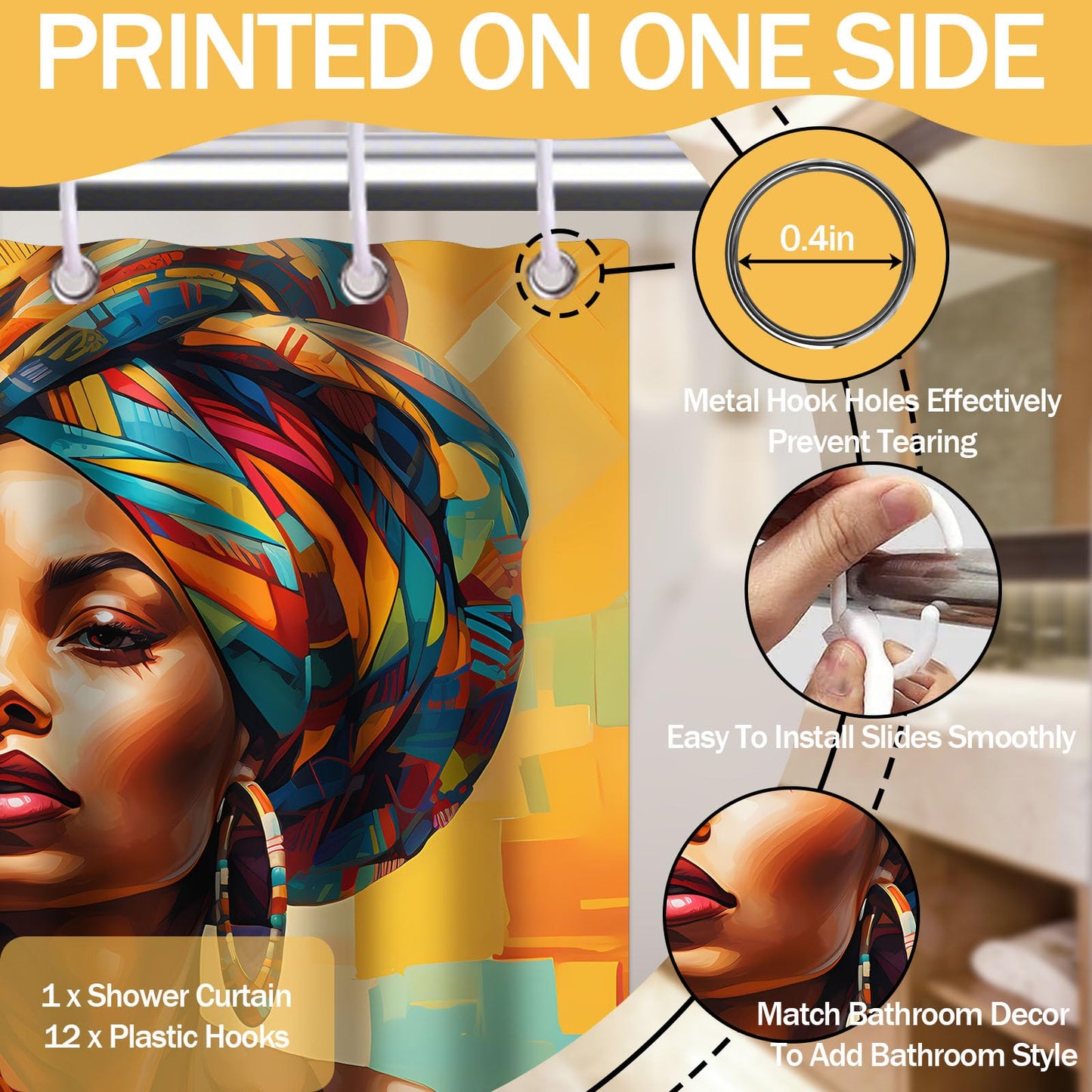 DLTAY African Shower Curtain, Afro Black Girl, 72x72 inches