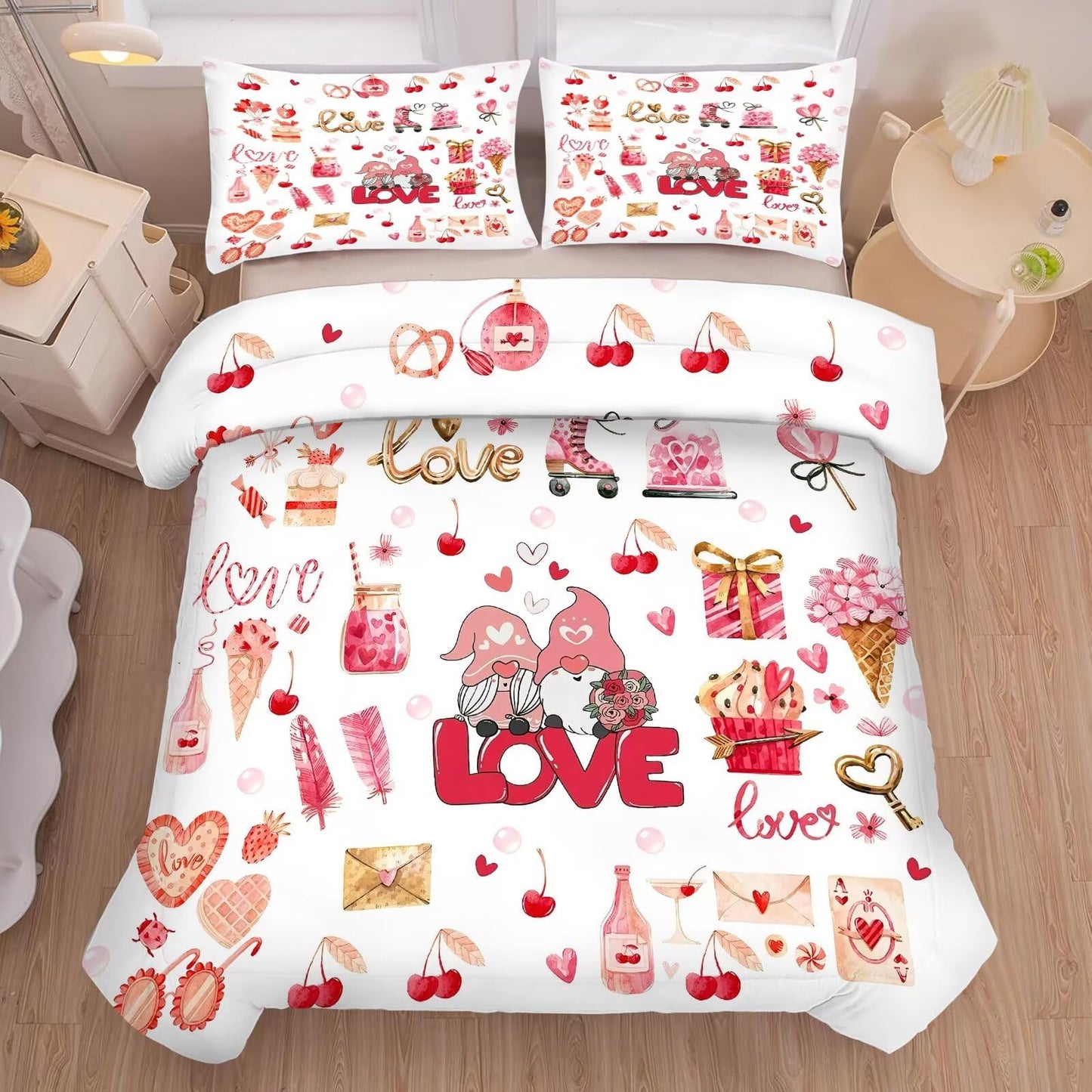 kxry Lightweight Love Comforter Sets Valentines Day Romantic King Size Bedding Set 3 Pcs with 1 Comforter and 2 Pillowcases Soft Kawaii Cartoon Comforter Heart Soft Warm Quilt