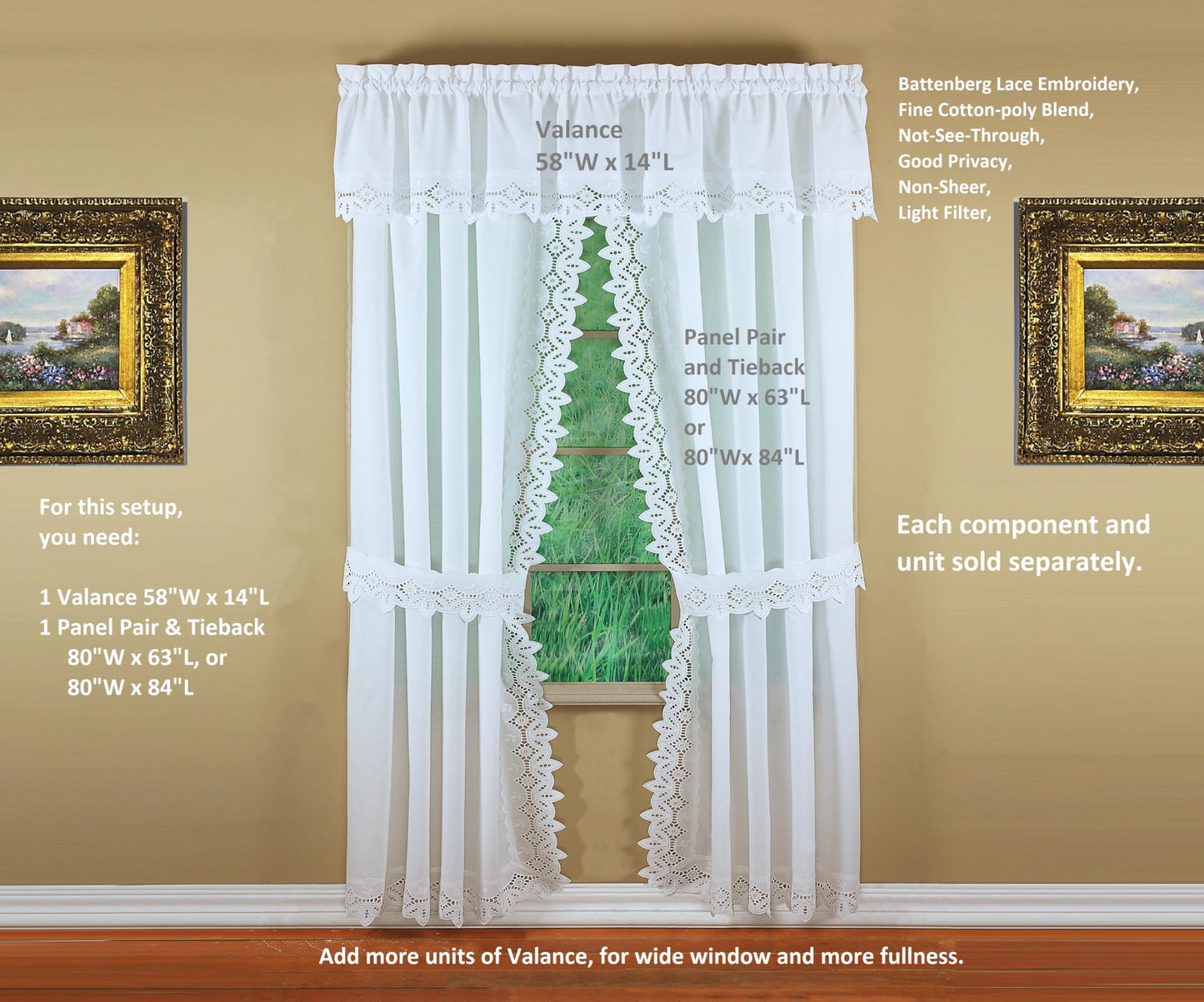 Today's Curtain, Heirloom Battenberg Eyelet Valance 14", White, 58" W x 14" L