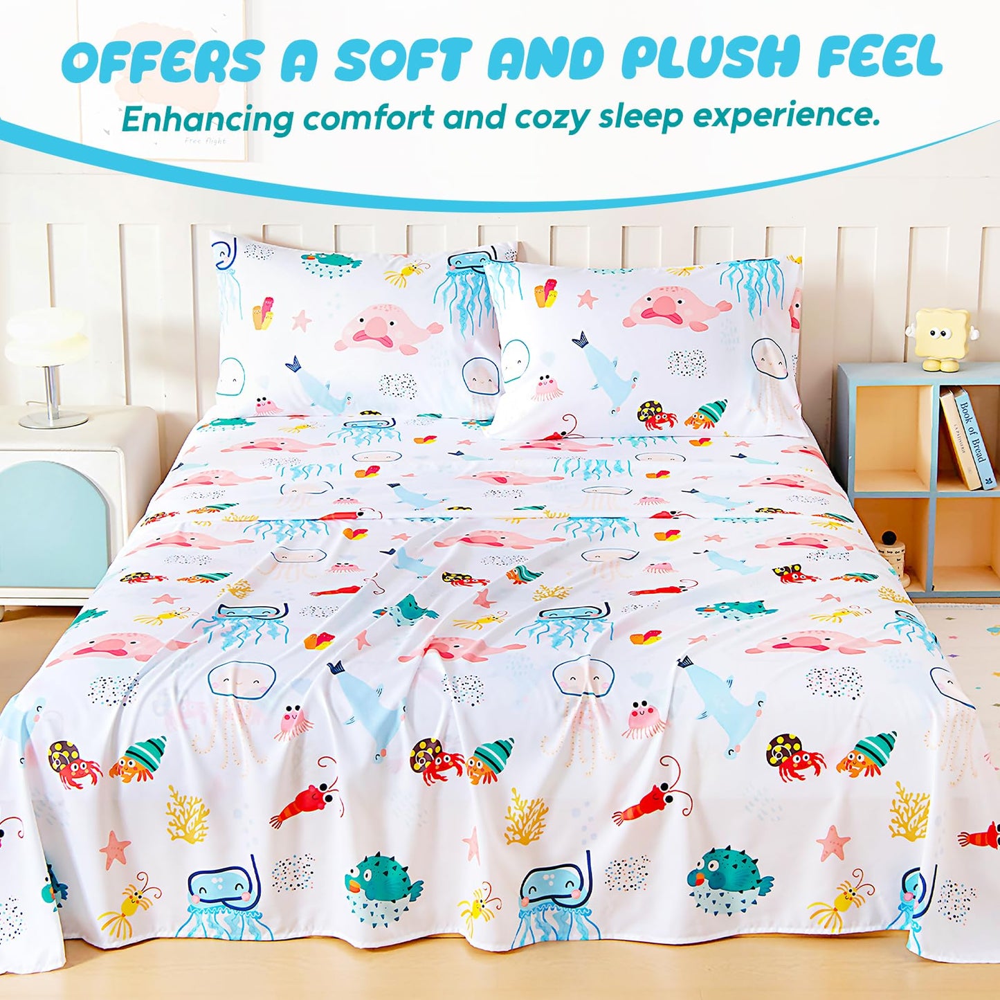 Homilay Full Sheet Set Kids - Ocean Shrimp Crab Fish 4 Pieces Soft Microfiber Cartoon Style Bedsheets for Boys Girls Teens, Oeko TEX Breathable 15 Inch Deep Pocket Sheets(Marine Animals)