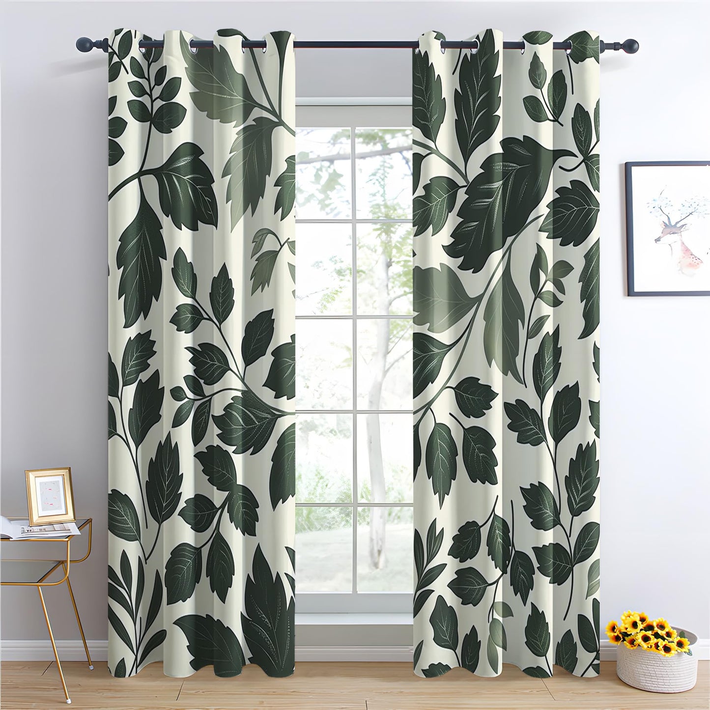 MOBEITI Green Leaf Curtains for Bedroom Living Room, Leaves Blackout Curtains & Home Decor, Drapes 63 Inch Length 2 Panels Set, Botanical Window Treatments, Grommet Curtains