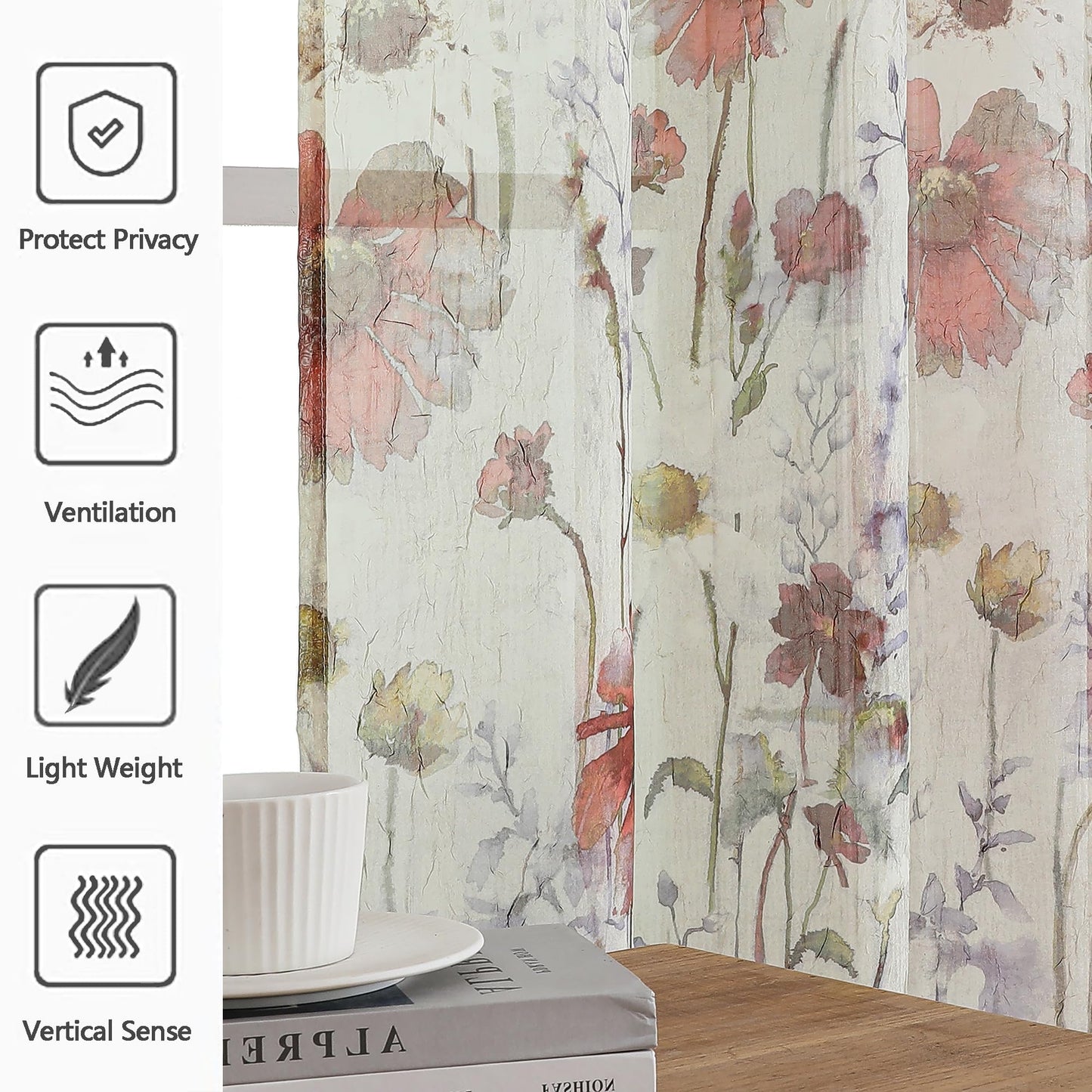 OWENIE Crushed Sheer Curtains 84 Inches Long 2 Panels Set, Sheer Floral Curtains Printed Drapes on Sheers for Living Room Bedroom, Rod Pocket Light Filtering Window Sheers (2 Panels, 51" x 84")