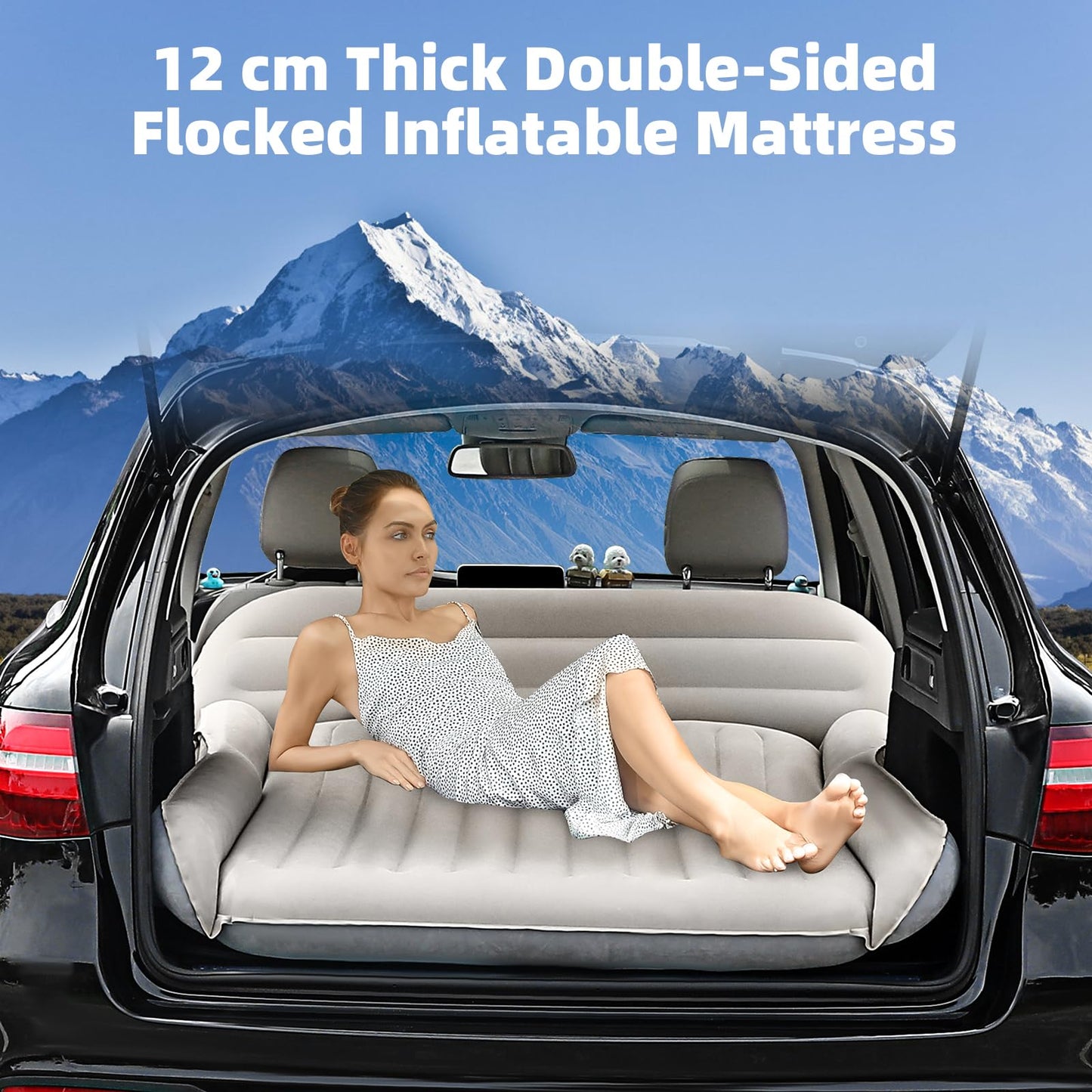 KMZ SUV Air Mattress Thickened Double Flocking Camping Mattress Upgraded Portable Sleeping Car pad Comfortable Inflatable Travel Bed with External Pump and 2 Pillows（Off-White and Light Gray）
