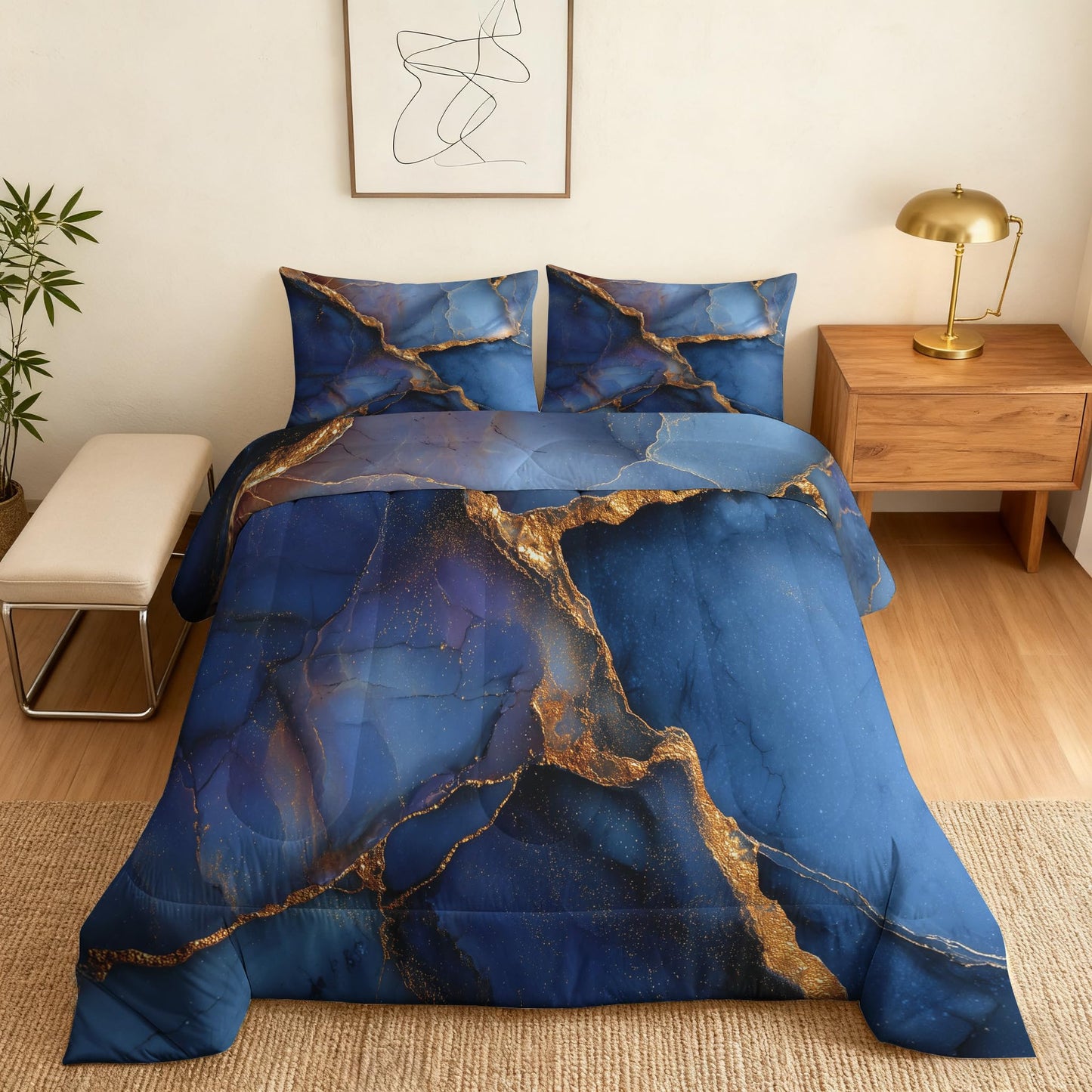 Blue Marble Comforter Set King Size 3Pc, Modern Abstract Pattern Down Alternative Bed Comforter, 2 Pillow Shams, Soft All Season Bedding, Blue Marble Bedroom Decor AF66