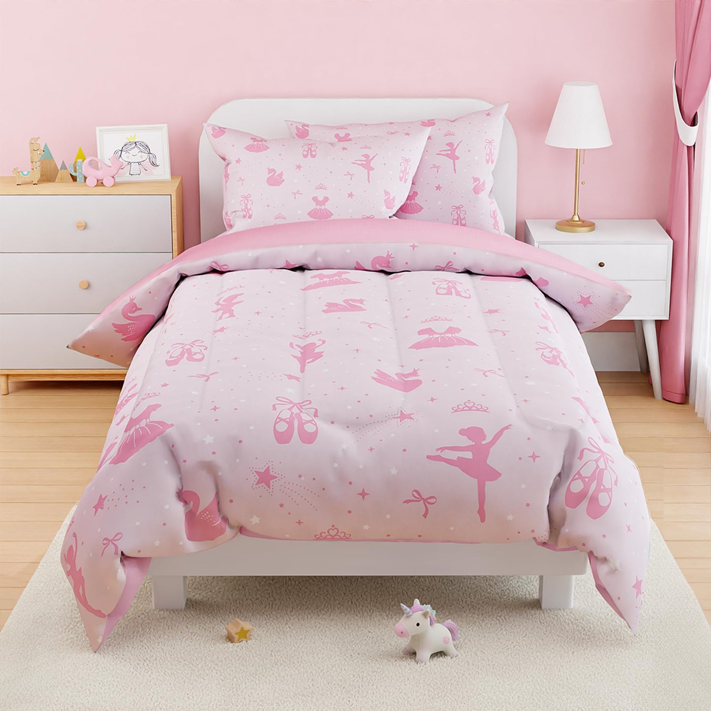 SANDJEST Ballerina Comforter Set Twin Size 68x86in for Kids Girls, Microfiber 3 Pcs Bedding Set Includes 1 Comforter, 1 Pillowcase, 1 Fitted Sheet, Nursery Room Decor