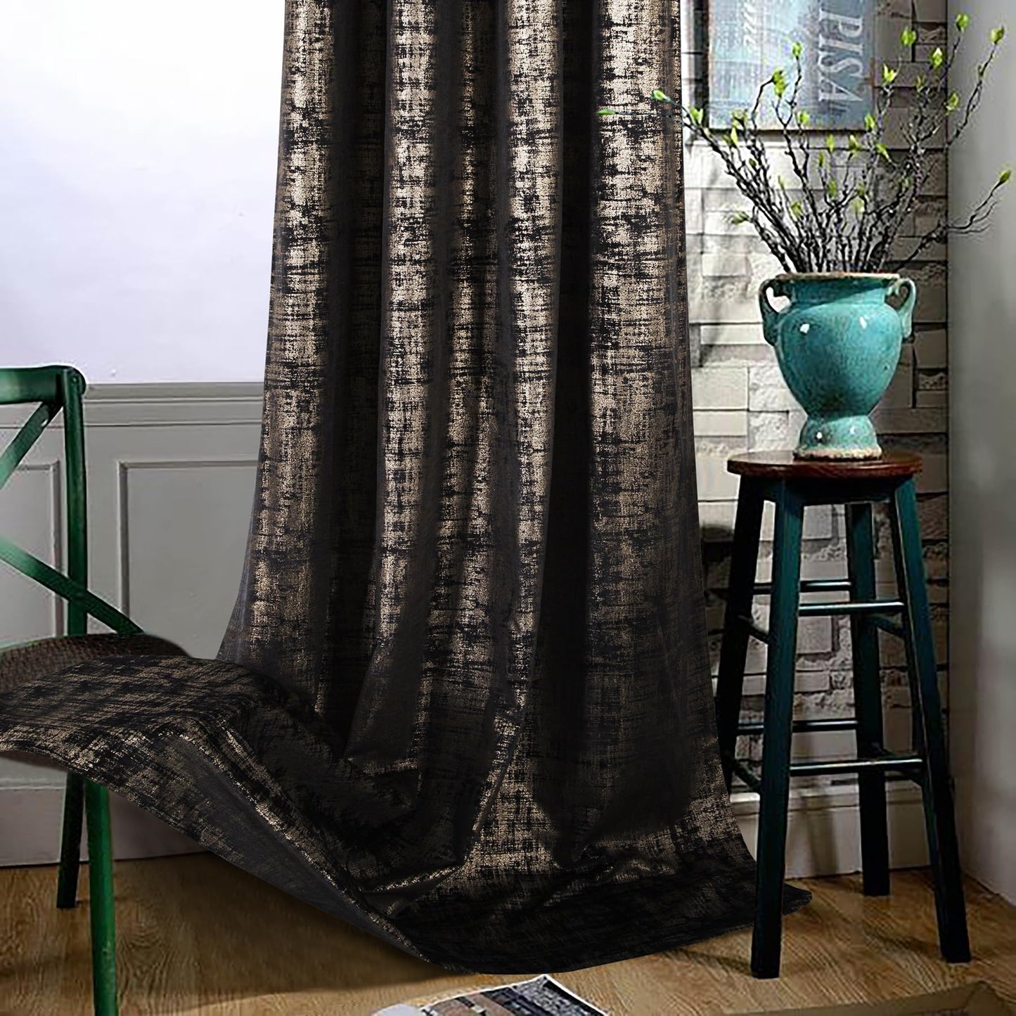 always4u Black Gold Soft Velvet Curtains 84 Inch Length Luxury Bedroom Curtains Gold Foil Print Window Treatments for Living Room Bedroom Set of 2