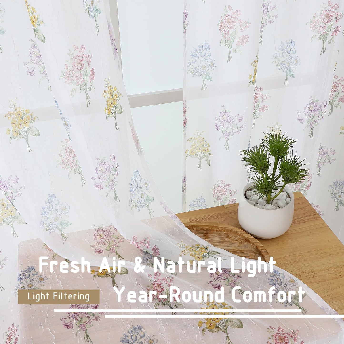 Ebesto Crushed Floral Sheer Curtains 63 Inch Length - Light Filtering Printed Sheer Flower Patterned Curtains for Bedroom, Spring Romantic Rod Pocket Window Drapes, 2 Panels, 42Wx63L Inches, White