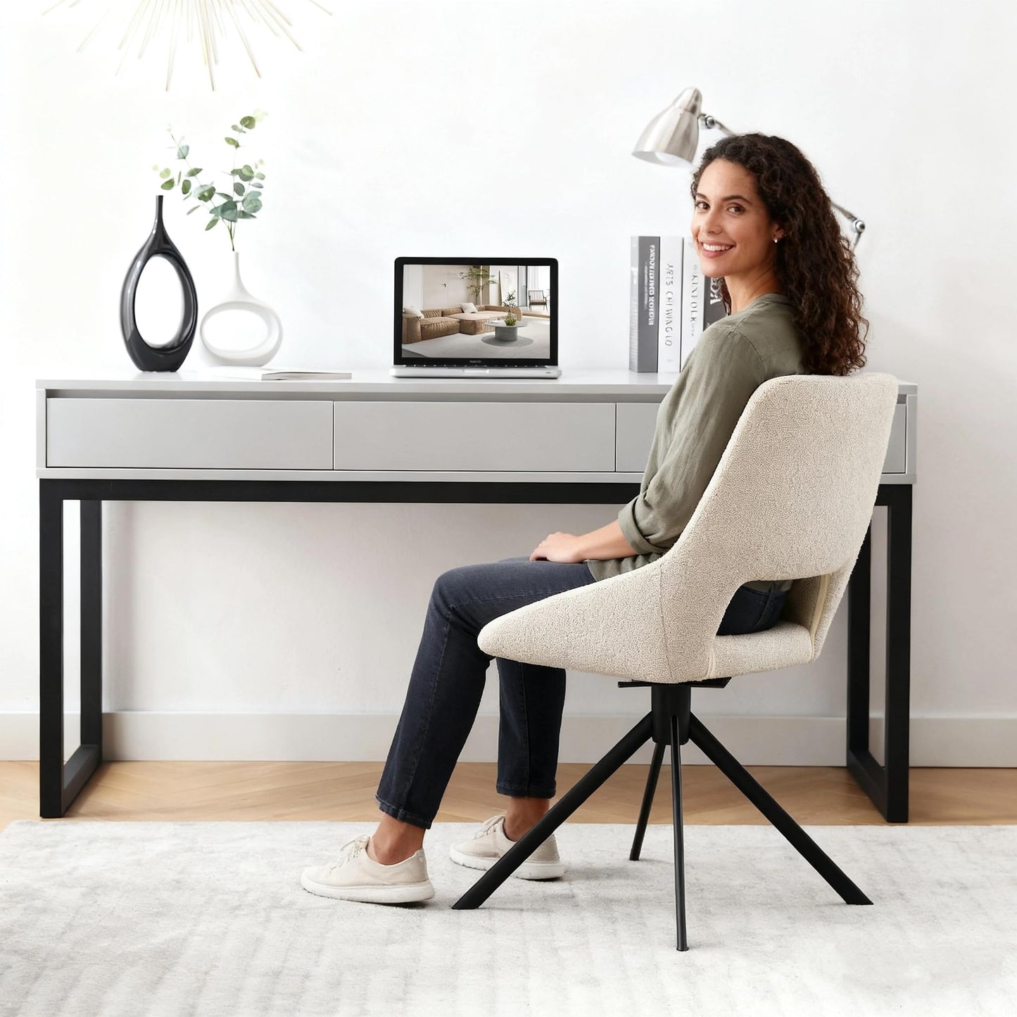 Zesthouse Swivel Desk Chair No Wheels, Modern Linen Fabric Vanity Chair with Hollow Back, Armless Upholstered Home Office Chair for Girls Women, Ergonomic Computer Chair for Home Office, Beige