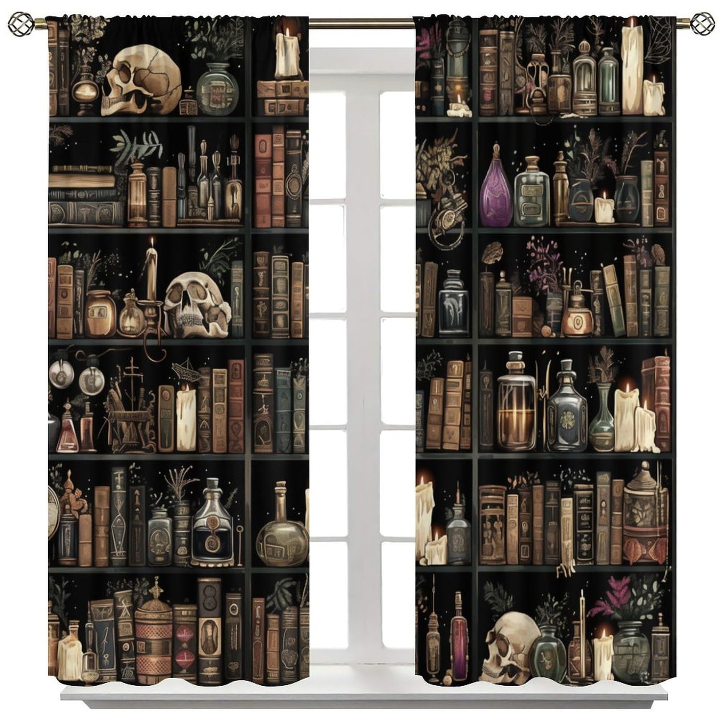 TOWINSFB Gothic Library Book Blackout Curtains, Retro Bookshelf Skull Floral Candles Home Decor Rod Pocket Window Drapes for Living Room Bedroom - 45" L x 42" W