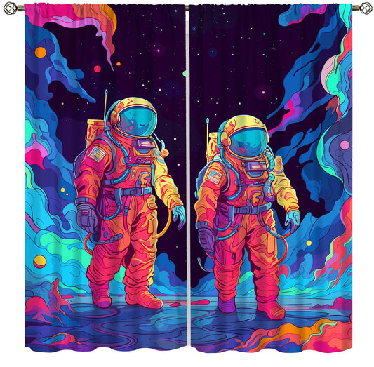 Astronaut Curtains, Cartoon Abstract Cool Colorful Funny Outer Space Cosmic Spaceman Blackout Window Treatments, Thermally Insulated Rod Pocket Drapes For Boys Teen Men Bedroom Living Room 63x72in
