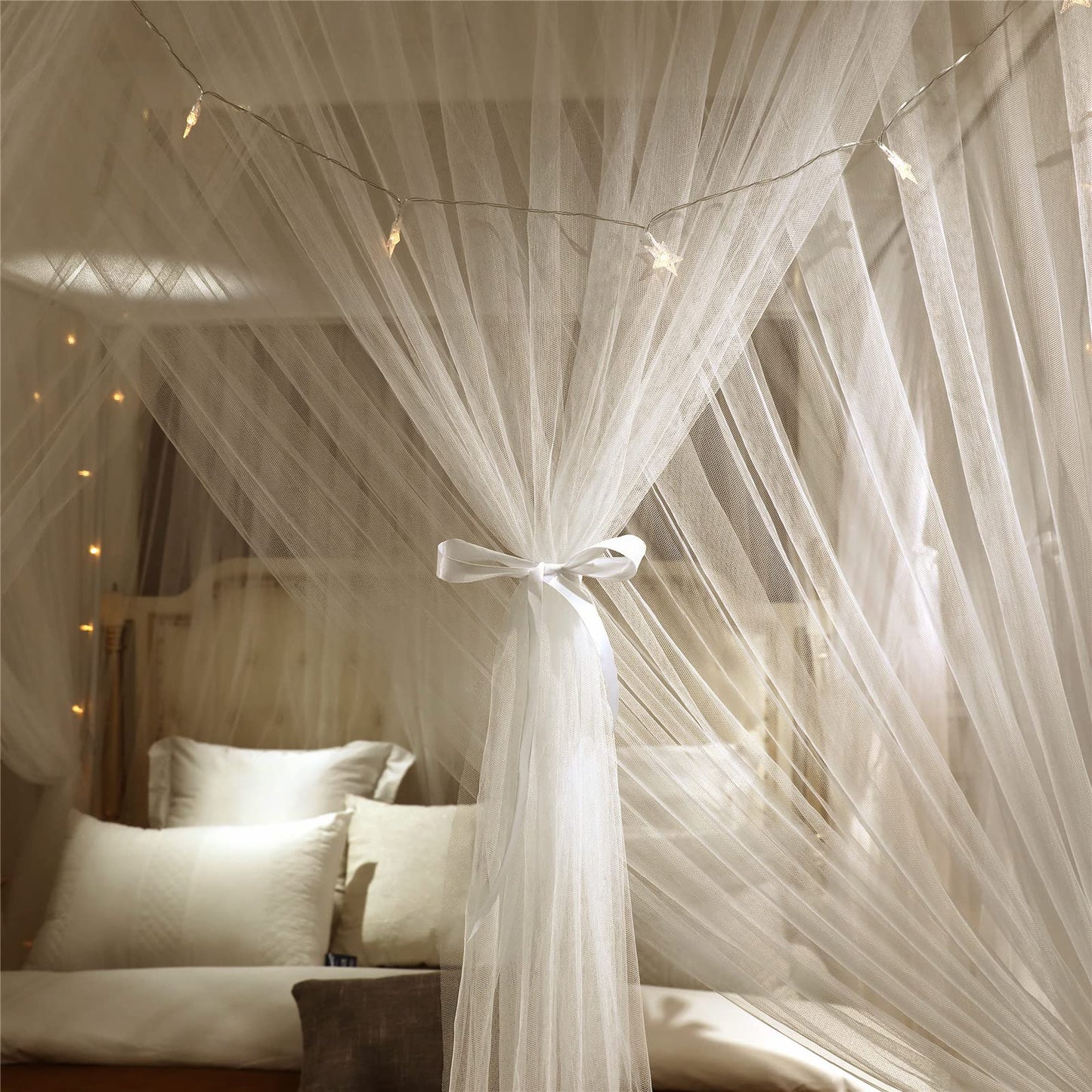 VETHIN 4 Corners Post Princess Bed Canopy Curtain Double Layer Cozy Drape Netting 4 Opening Mosquito Net for Girls & Adults Bedroom Decoration Accessories (Double White, 47" W*78" L*82"*H/Twin)